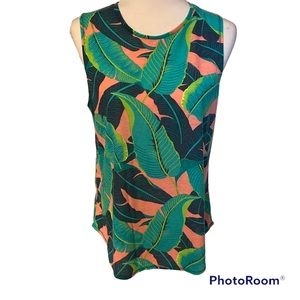 XERSION TOP TANK GREEN PINK TROPICAL LEAF LEAVES SHEER SPLIT BACK ACTIVE SIZE S